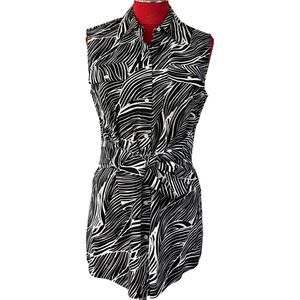 Anne Klein blouse tunic top M black & white unique tie waist sleeveless cotton
